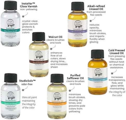 Tusc & Pine Oil Medium Sampler Set of 6 - 3.4oz Bottles, Linseed, Walnut, Safflower, Paint Thinner and Gloss Varnish, Non-Yellowing, Travel-Friendly, Made in USA