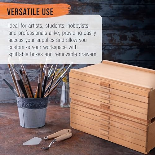 U.S. Art Supply 10-Drawer Artist Tool Supply Box with Storage Drawers | 5 Compartments per Drawer - Hardwood Art Box for Artist Supplies, Brushes, Pencils, Erasers, Tool Storage Organizer Case