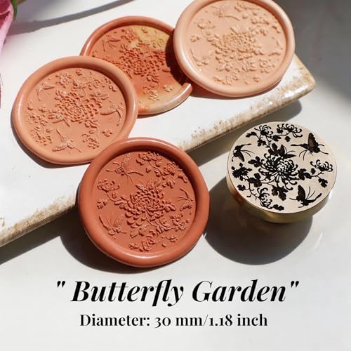 VANGOAL Wax Seal Stamp, Floral Series, 3D Embossed Brass Stamp Head with Wooden Handle, Vintage Sealing Kit for Wedding Invitations, Envelopes, Gift Wrapping, Letters and Crafts (Butterfly Garden)