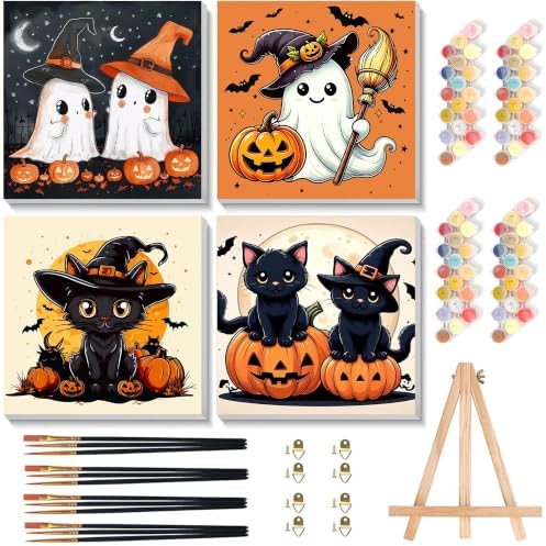 4 Pack Halloween Paint by Number for Kids with Wooden Frame - Wooden Easel