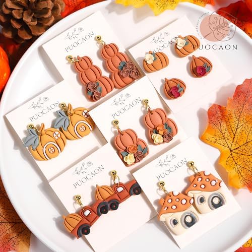 Puocaon Fall Polymer Clay Cutters - 11 Pcs Autumn Themed Cutters for Polymer Clay Jewelry Pumpkin Mushroom Earrings Making Kit for Polymeric Jewelry Design