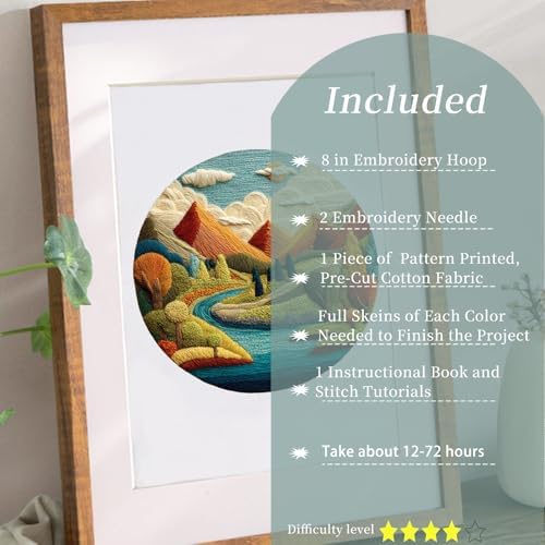 FONNUY Embroidery Kit for Beginners, Brightly Colored Landscape Lake Pre-Stamped Pattern Kits for Adults with Hoop, Easy to Follow Color Thread Needlework, 8'' Hoop (Blue)