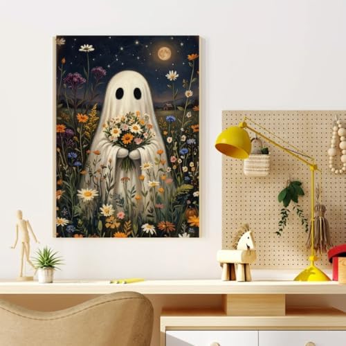 Halloween Paint by Numbers Kit for Adults, Ghost Holding Fowers, 16x20 inch