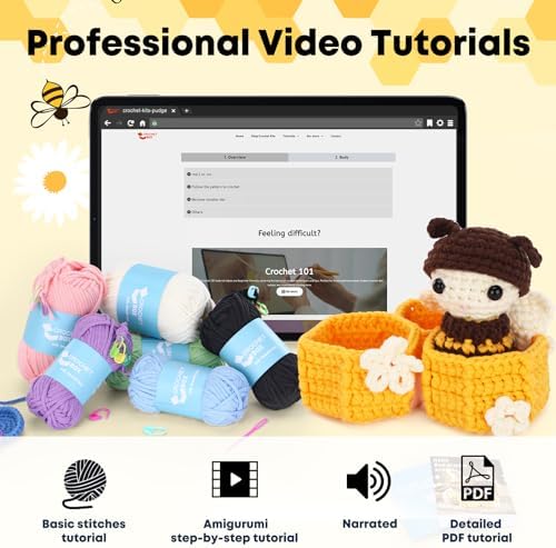 Crochet Kit for Beginners Adults - Bee Grow Up Starters Crochet Kit, Beginners Crocheting Kitting for Adults Teen, DIY Craft Gifts with Crochets Yarns, Hook, Step-by-Step Video, Instruction