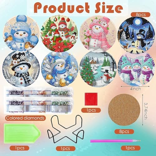 ijbnhd 8 PCS Christmas Diamond Art Coasters Christmas Snowman 4x4 inch