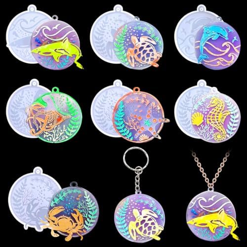 7 Pcs Keychain Resin Mold Sea Animals Silicone Molds Round Epoxy Resin Casting Mold Circle Keychain Pendant Mould with Holes for DIY Crafts Jewelry Earrings Making