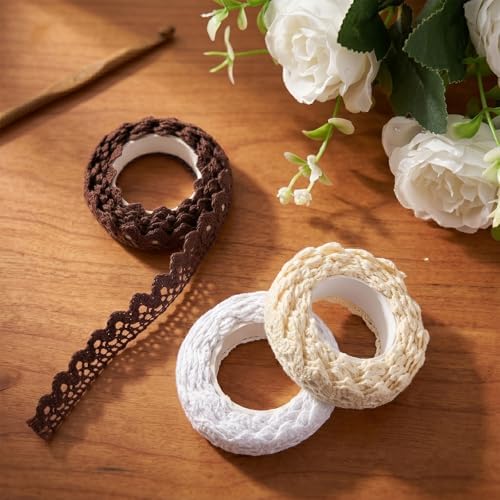 Skrfren 3 Rolls Self-Adhesive Lace Tape, Cotton Washi Trim Stickers, 1.6cm Wide 2 Yards per Roll, Decorative Lace Ribbon for DIY Crafts Scrapbooking Card Making Gift Wrapping (Beige, White, Coffee)