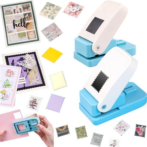 2Pcs Stamp Punches, 1x0.8 inch Rectangular Postage Stamp Shapes Puncher & 1" Square Craft Hole Punch, Lever Action Craft Punch for Paper Crafting Scrapbooking Stamping-Out Cutter Crafts Supplies Tools
