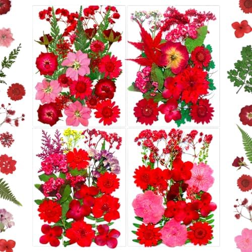 MIKIYA 88Pcs Red Dried Pressed Flowers for Resin Molds, Assorted Real Natural Bulk Dry Floral Leaves for DIY Art Crafts, Epoxy Jewelry, Candle, Soap Making, Nails Decors