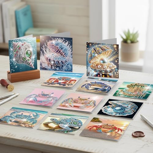 12pcs Diamond Art Painting Cards Beach Crab Seashell Turtle Kit