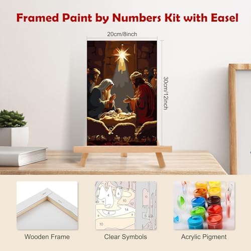 MOGTAA Christmas Paint by Numbers Kit for Adults Beginners with Frame, Jesus Nativity Adult Paint by Number Kits on Canvas with Easel, Easy DIY Oil Painting Kits for Home Decor, 8x12in