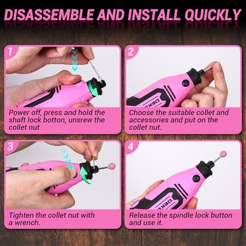 Rotary Tool Kit:DEKOPRO 1.4-Amp Power Hand Rotary Tools with 6 Variable Speed, 127pcs Accessories, 8000~35000RPM Electric Grinder Drill Machine Set with Flex Shaft for Carving, Cutting, Sanding Pink