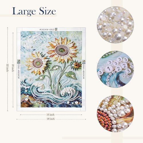 FunooFuno 2 Pcs Sunflower Rose Pearl Diamond Art Kits for Adults, 16" x 20"