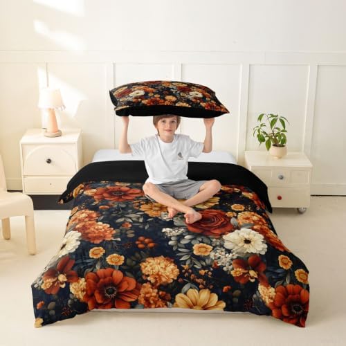Erosebridal Boho Floral Duvet Cover Twin Size Bohemian Flower Botanical Bedding Set for Kids Boys Girls Rustic Farmhouse Floral Comforter Cover Abstract Flowers Bedclothes Room Decor