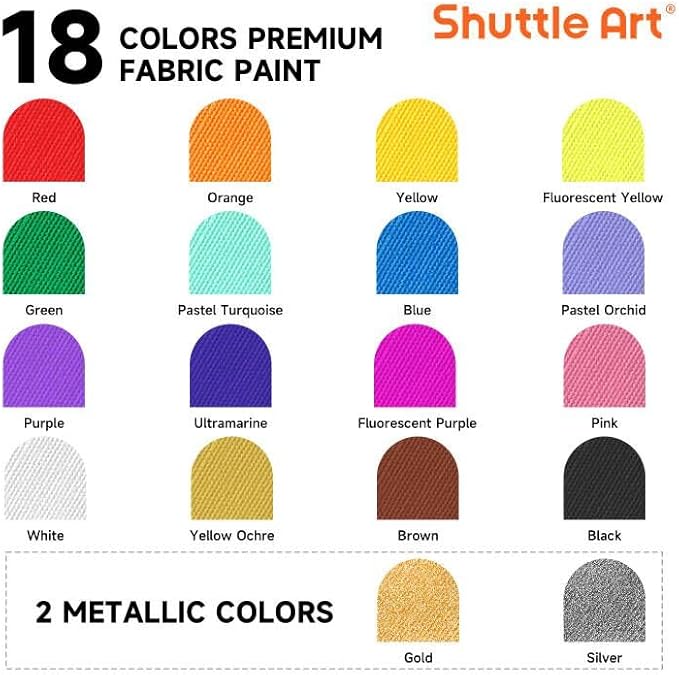 Shuttle Art Fabric Paint, 18 Colors Permanent Soft Fabric Paint in Bottles (60ml/2oz) with Brushes, Palette, Stencils, Non-Toxic Textile Paint for T-Shirts, Shoes, Jeans, Bags, DIY Projects&Art