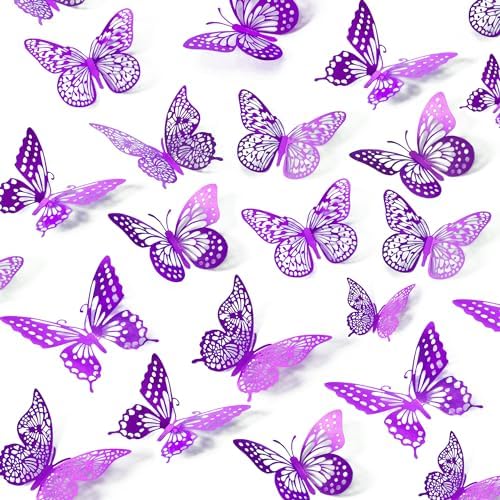 SAOROPEB 3D Butterfly Wall Decor 48 Pcs Purple Butterfly Decorations | 4 Styles 3 Sizes, Birthday Decorations Butterfly Party Decorations Cake Decorations, Removable Stickers
