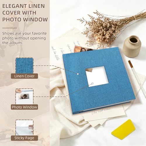 Popotop Photo Album Self Adhesive with Picture Display Window,40 Pages DIY Scrapbooking Supplies Kit for 4x6 10x12 Picture,Linen Cover Memory Book for Baby Wedding, with Scraper and Metallic Pen