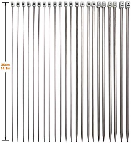 BCMRUN Knitting Needle Set, 22PCS 2mm(B)-8mm(L) Straight Single Pointed Stainless Steel Sweater Needles Set(11Pair-11 Size,9.8 inch) with Locking Stitch Makers Large-Eye Needles Measure Tape (36CM)
