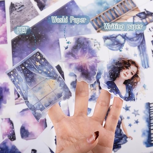 Pre-Cut Galaxy Sticker for Journaling, PET Washi Paper Collage Book, 20 Sheets Star Space Fantasy Planner Decals Scrapbook Junk Journal Supplies