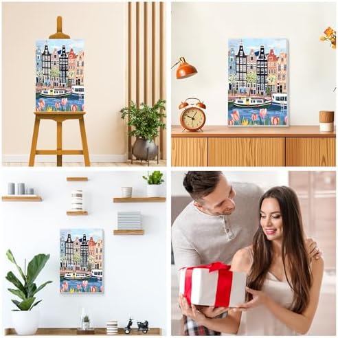 KEYIFA Paint by Numbers for Adults on Framed Canvas - with Wooden Easel, Amsterdam Painting by Number Kit for Beginners, DIY Netherlands Acrylic Paint-by-Number Kits for Home Wall Decor (8x12 inch)