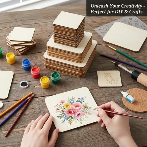 48 Piece Unfinished Blank Wood Sheets,3 Different Size Wood Square Slices Cutouts for Wood Burning Projects, Decoration DIY Wooden Craft Art Supplies