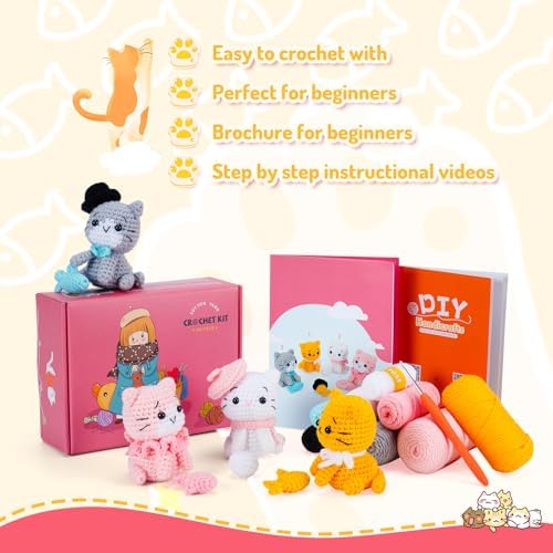 Fortuning's JDS Crochet Kit for Beginners - Cat Crochet Kit with Step-by-Step Video Tutorials, Learn to Crochet Kits for Adults, 4 PCS Crochet Animals Cat with Hat, Toy, Fish Crocheting Set