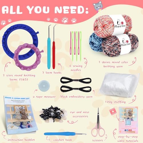 Aeelike Beginner Round Loom Kit,Vedio Learn to Knit Cat,Family Craft Gift
