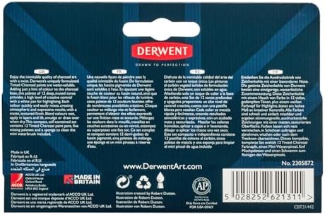 Derwent Tinted Charcoal Paint Pan Set, 12 Paints, Professional Quality, Water Soluble, Blendable, Portable, Includes Palettes, Mini Waterbrush & Cleaning Sponge (2305872)