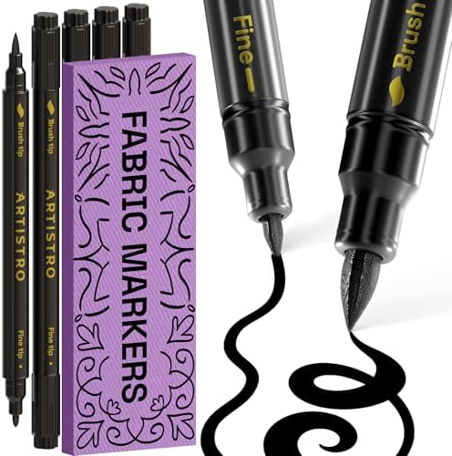 ARTISTRO 5 Black Dual-Tip Fabric Markers Decorating Kit Permanent for Cloth