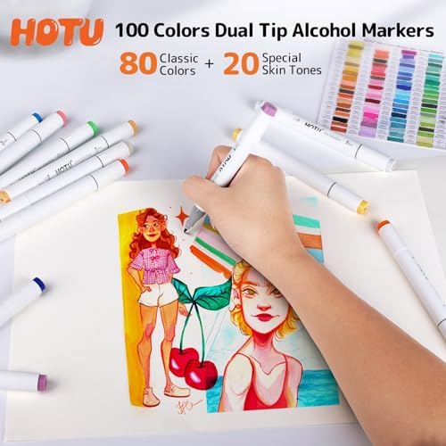 HOTU 100 Colors Alcohol Markers Fine Tip, Dual Tips 79 Vibrant Colors+20 Skin Tone Colors+1 Colorless Blender, Art Markers for Adult Coloring book, Illustration, Non-Bleeding Pad-CPC Certificated | 80 Colors+20 Skin Tone Colors, Art Markers for Artists...