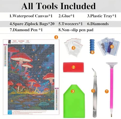 Mushroom Diamond Art Kits for Adults Beginners, 5D DIY Diamond Painting Kits, Full Round Drill Diamonds Dots Gem Art Crystal, Home Wall Decor 12X16 Inch