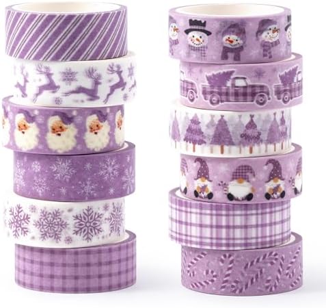 Purple Christmas Washi Tape - 12 Rolls Elegant Santa Reindeer Snowflake Watercolor Double Sided Scrapbook Masking Washi Tape School Office Adhesive Glue Scrapbooking Supplies Gift Wrapping