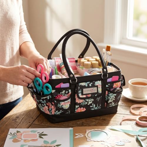 Everything Mary Deluxe Store & Tote Organizer – Black & Floral Craft Bag with Handle – Sewing, Scrapbooking & Art Supply Caddy – Stylish Storage for DIY Projects