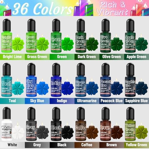 Candle Dye - 36 Colors Candle Color Dye, Non-Toxic, Highly Concentrated Candle Wax Dye for DIY Candle Making, Liquid Oil-Based Candle Dye for Soy Wax, Beeswax, Gel Wax - 10ml/Bottles