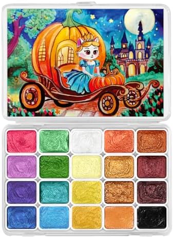 CraftyManor Mini Glitter Watercolor Paint Set, 20 Colors Shimmer Metallic Watercolour Painting Sets, Solid Pearl Water Color Paints for Adult, 1ml Trial Pack (Pumpkin Castle)