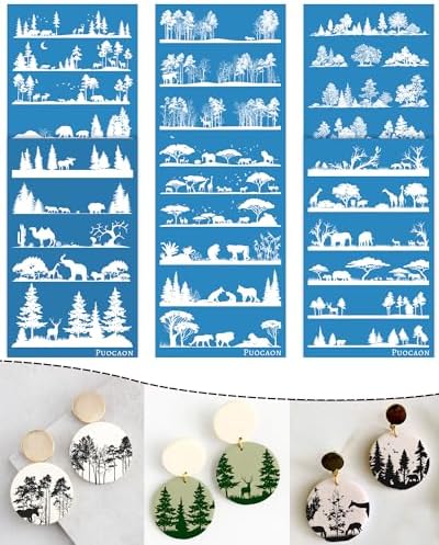 Puocaon Tree Clay Silk Screen - 6 Pcs Stencils for Polymer Jewelry, Forest Earrings Making, Pine Tree Design