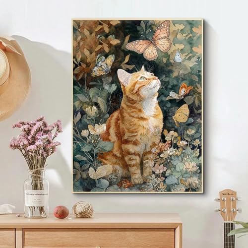 Diamond Art Kits for Adults,Cat Flower Diamond Painting for Beginners