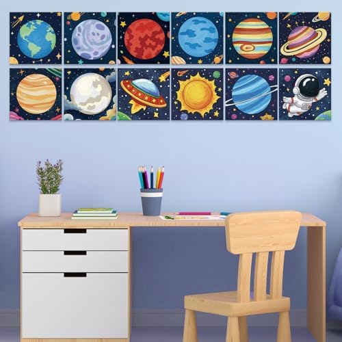 Anseal 12 Packs Pre Drawn Canvas to Paint, 4" X 4" Planet Pre-Printed Paint Party, Pre Stretched Canvas Outline Painting Boards for Paint Lovers, Party Favor