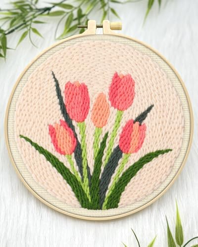 ERKOON Punch Needle Kit Beginners Adults, DIY Easy Flower Embroidery Set for Starter Art Craft, Needling Punching Project with Patterns, Tools, Yarns, Hoop, Instruction (Tulips)