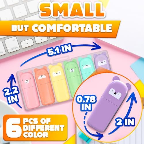 6 Pcs Small Highlighters for Kids, Cute Bear Design, Multi Colored