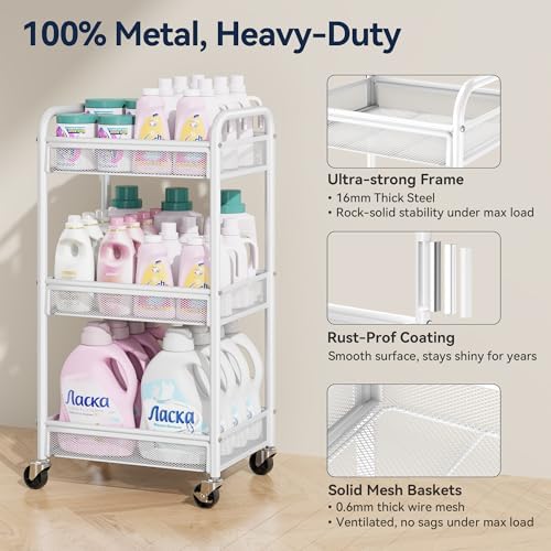 YASONIC 3 Tier Metal Rolling Cart, White Utility Storage Cart with Wheels | Metal Mesh Craft Cart With Hooks & Hanging Cups, Ideal For Kitchen, Bathroom, Office, Dorm, Art Workspace, Bedside Storage
