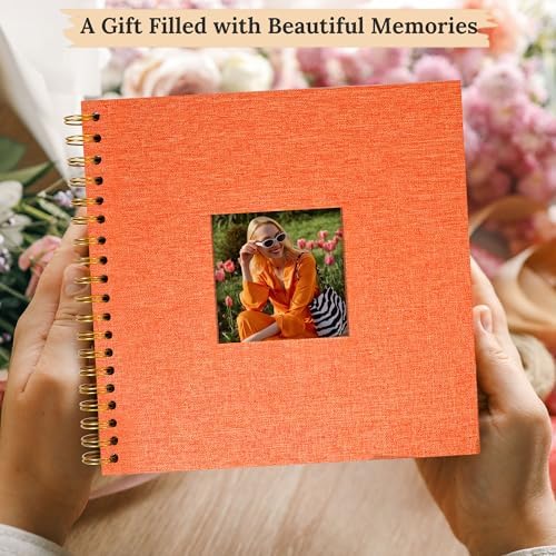 8"x8" Scrapbook Photo Album Linen Cover 20 Sheets 40 Pages White Paper | Orange Hardcover Kraft White Pages Memory Book, for Travel Wedding Guest Book Christmas Baby Fits 4x6 & Instant Photos