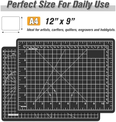 DIYSELF 9in×12in Self Healing Cutting Mat, A4 Quilting Craft Mat for Sewing | A4 Craft Cutting Board for Fabric, Sewing and Scrapbooking, 5-Ply Double-Sided Cutting Mat with Inch Grid and Angles