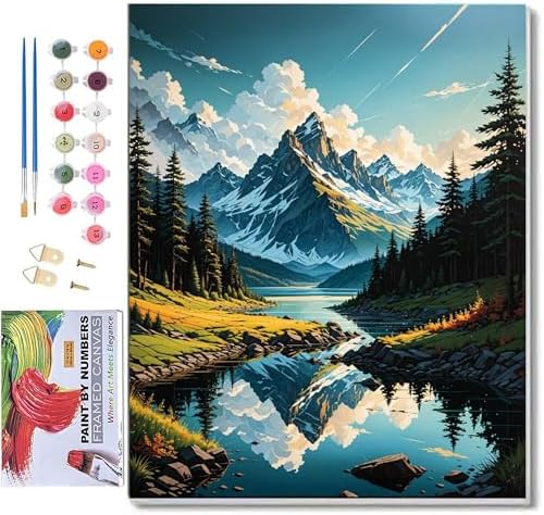 ldazao Framed Paint By Numbers Kit for Adults, Mountain Paint By Number Artist Kits for Beginner Landscape Acrylic On Canvas Mountains DIY Oil Painting Kit for Gift Home Wall Decor 9.5x12 Inch