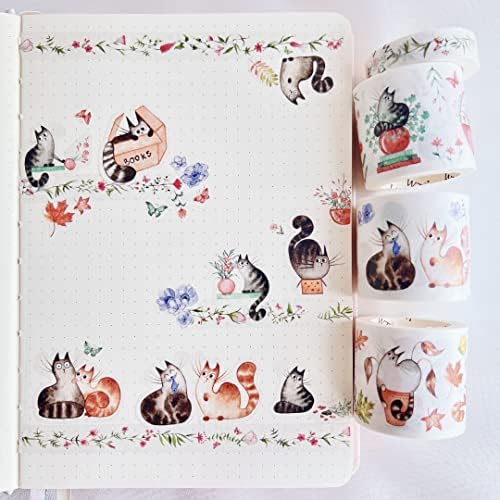 WT Chonky Cat Washi Tape Sticker Set, 4 Rolls, Original Designs, Watercolor Cute Cat Decorative Sticker, Kiss-Cut Craft Sticker, Bujo Planner Supplies, Journals Gifts, DIY Paper Sticker
