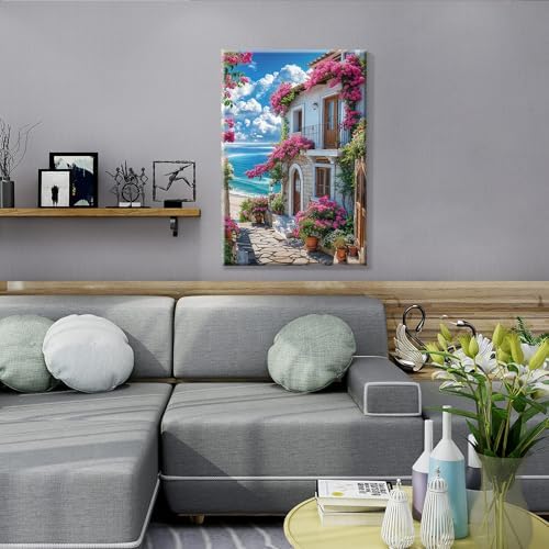 JOOZ Paint by Numbers Kit for Adults with Frame, Seaside Scene Paint by Number with Easel, DIY House Flowers Oil Painting by Numbers, Adult Paint by Number Kits Landscape for Wall Decor 8x12 Inch