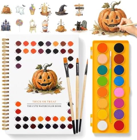 Halloween Pumpkin Watercolor Workbook, 16 Colors, 3 Brushes