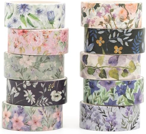 10 Rolls Blooming Flowers Washi Tape Set Floral Arts Adhesive Tapes Colorful Garden Decorative Masking Tape Sets for Craft, Kids, Scrapbook, DIY, Gift Wrapping (4-Purple)