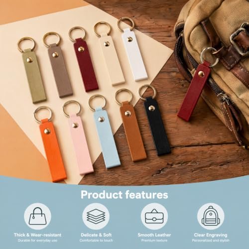 100 Pcs PU Leather Keychain Blanks, 10 Colors Blank Leather Keychains for Engravingwith Key Rings for DIY Craft, Stamping and Leather Working Projects