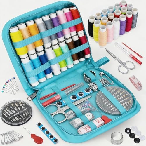 MIXCOOL Sewing Kit for Adults, Beginners, Needle and Thread Kit, Portable Sewing Supplies, Contains Thread, Scissor, Needles, (Blue, M)
